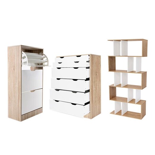 Picture of 3-Piece Chest of Drawers, Bookcase & Shoe Cabinet Set in White by HelloFurniture