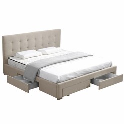 Picture of Bed Frame King Fabric With Drawers Storage Beige