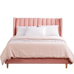 Picture of Bed Frame Velvet Base Bedhead Headboard Queen Size Wooden Platform Pink