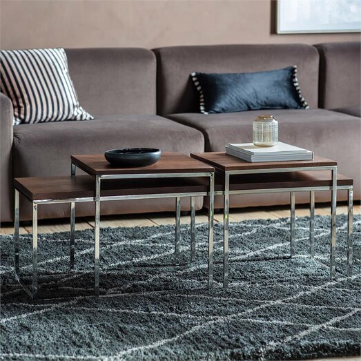 Picture of Belchi Nest of 3 Coffee Table, Walnut Stainless Steel Brown Castle Road Interiors