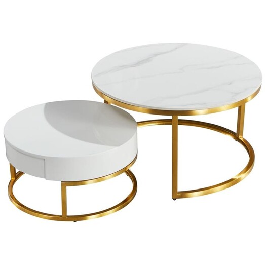 Picture of Carissa Round Nesting Sintered Stone Coffee Table - White & Gold Picture of Carissa Round Nesting Sintered Stone Coffee Table - White & Gold