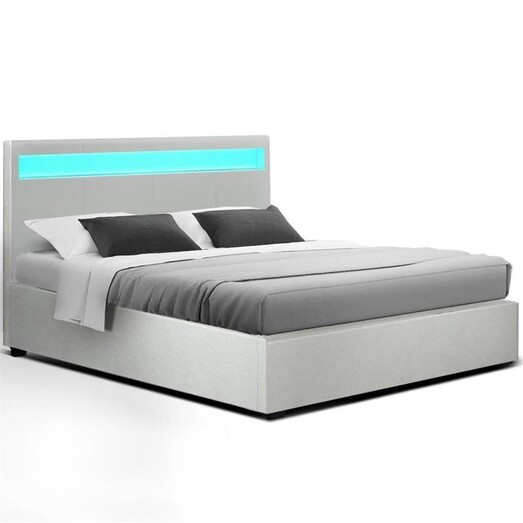 Picture of Cole LED Bed Frame PU Leather Gas Lift Storage - White Double