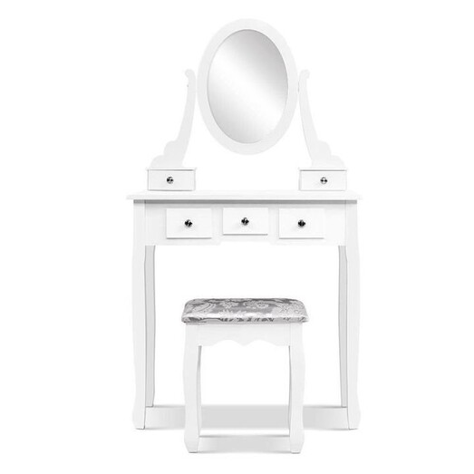 Picture of Dressing Table Stool Set Mirror Drawers Makeup Cabinet Storage Desk White