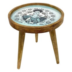 Picture of Frida Kahlo Face Round Timber Table in Blue by Status Collections