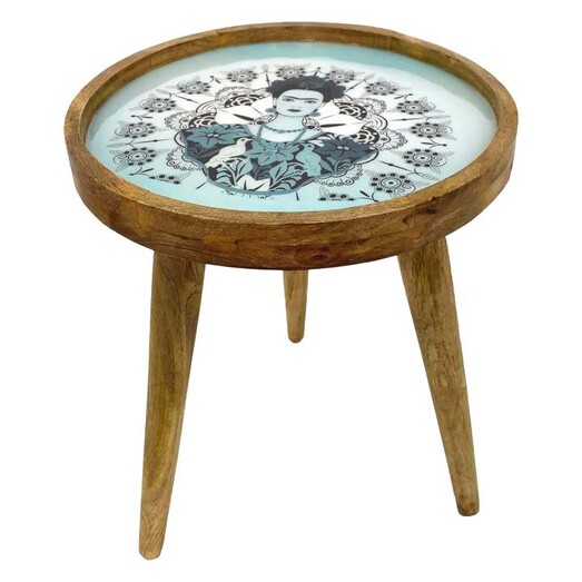 Picture of Frida Kahlo Face Round Timber Table in Blue by Status Collections