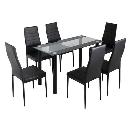 Picture of Glass Leather 7-Piece Dining Set Mix Black Metal Black/Clear Dreamo Living Picture of Glass Leather 7-Piece Dining Set Mix Black Metal Black/Clear Dreamo Living