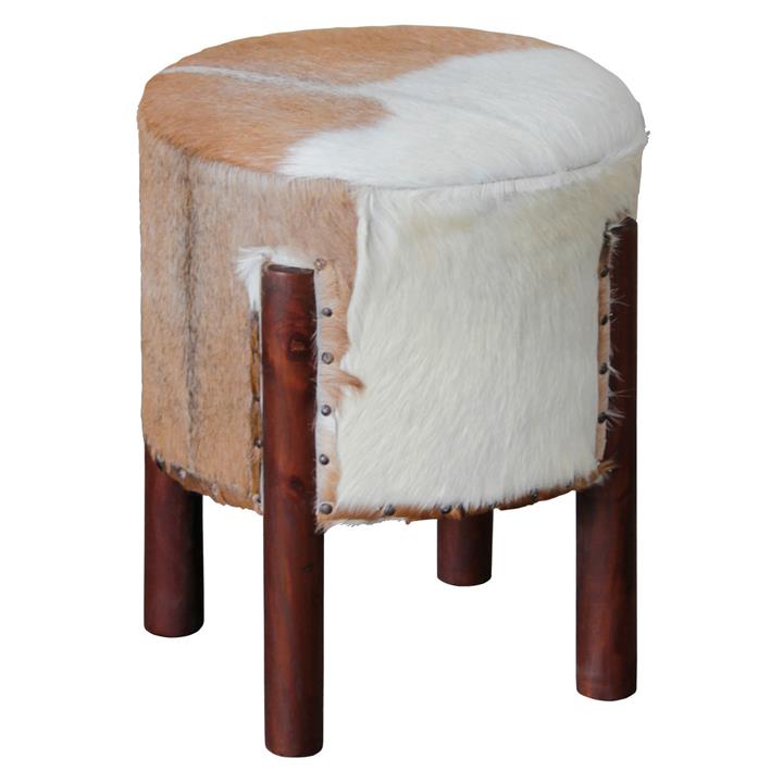 Picture of Goat Skin Round Stool Hair On Hide Mahogany Kayu Estate