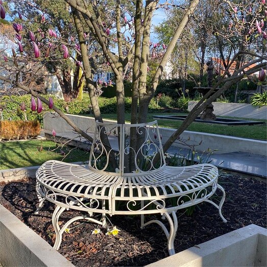 Picture of Half Tree Surround and Half Garden Curved Bench Metal Antique White The Complete Garden