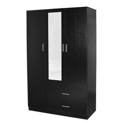 Picture of Jace 3-Door 2-Drawers Wardrobe Closet Clothes Storage Cabinet With Mirror - Black