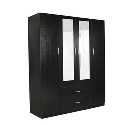 Picture of Jace 4-Door 2-Drawers Wardrobe Closet Clothes Storage Cabinet With Mirror - Black