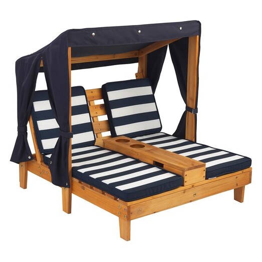 Picture of Kids' Double Chaise Outdoor Lounge, Honey with Navy and White Stripes Wood KidKraft