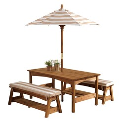 Picture of Kids' Outdoor Table & Bench Set with Cushions & Umbrella, Oatmeal Wood KidKraft
