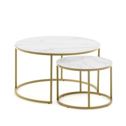 Picture of Leona Set of 2 Nesting Round Side Tables - Gold Metal Base - Tempered Glass Top With Marble Finish