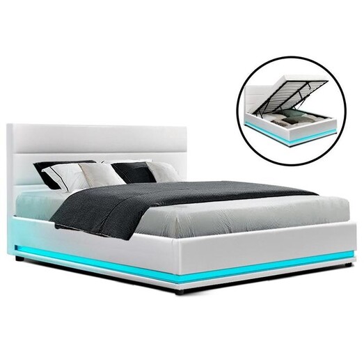 Picture of Lumi LED Bed Frame PU Leather Gas Lift Storage - White Double