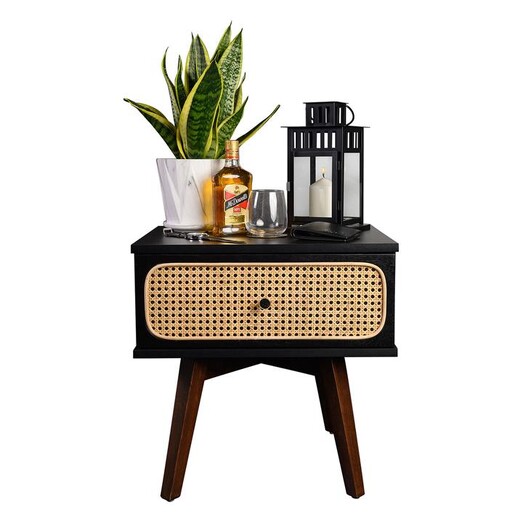 Picture of Miranda Bedside Table with Rattan Drawer Wood Black Emma's Design