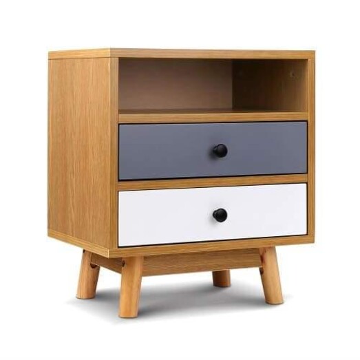 Picture of Modern Scandinavian Wooden NightStand Bedside Side Table With 2-Drawers