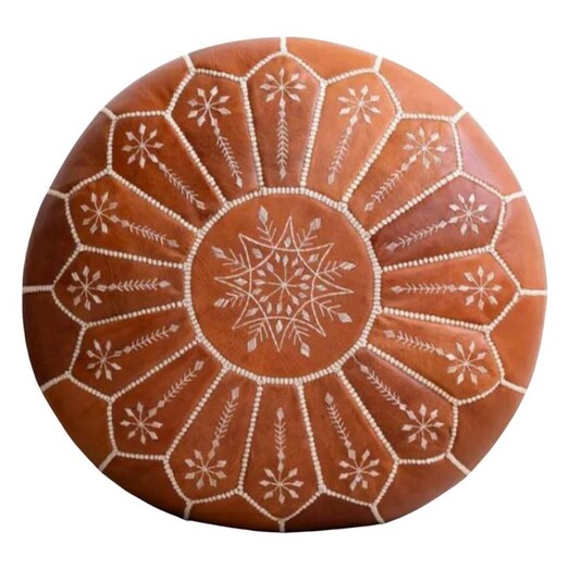 Picture of Moroccan Embroidered Leather Ottoman in Tan by Cush & Co