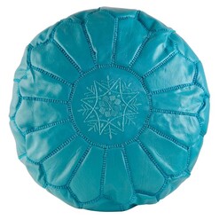 Picture of Moroccan Turquoise Embroidered Leather Ottoman in Turquiose by Cush & Co