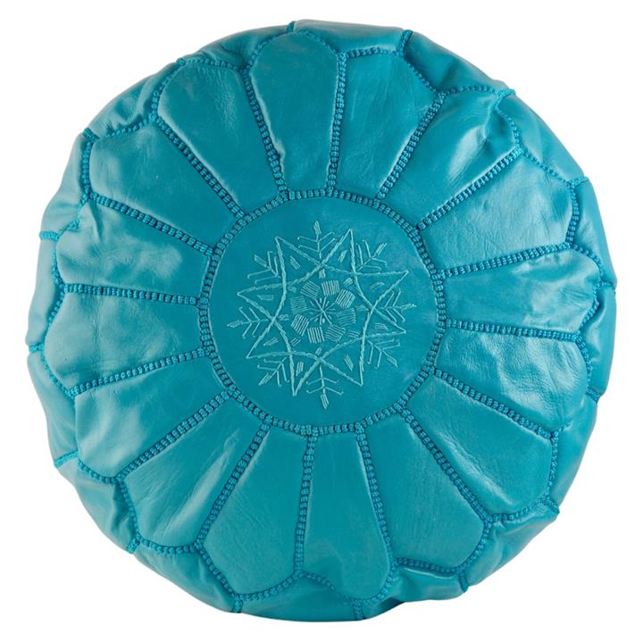Picture of Moroccan Turquoise Embroidered Leather Ottoman in Turquiose by Cush & Co