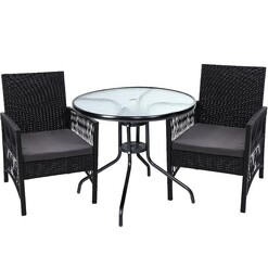 Picture of Outdoor Furniture Dining Chairs Wicker Garden Patio Cushion Black 3PCS Tea Coffee Cafe Bar Set