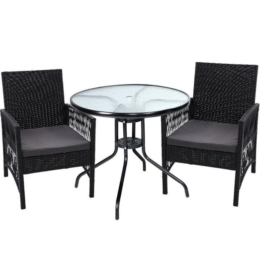 Picture of Outdoor Furniture Dining Chairs Wicker Garden Patio Cushion Black 3PCS Tea Coffee Cafe Bar Set
