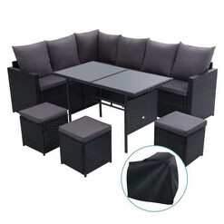 Picture of Outdoor Furniture Dining Setting Sofa Set Wicker 9 Seater Storage Cover Black