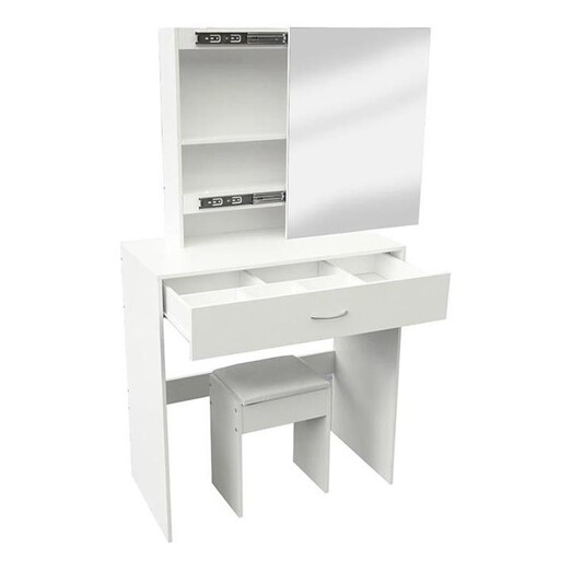 Picture of Pogi Dressing Table & Stool Set with Sliding Mirror Wood White Regal Royal Design