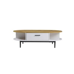 Picture of Polish 1-Drawer Oval Wooden Coffee Table W/ Open Compartments - White/Natural