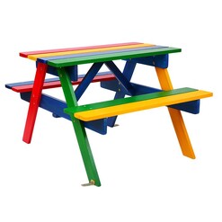 Picture of Raffie Kids' Picnic Bench, Rainbow Wood Red/Blue/Yellow Big Fun Club
