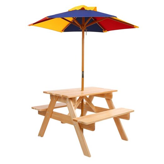 Picture of Raffie Kids' Picnic Bench with Umbrella, Natural Wood Big Fun Club Picture of Raffie Kids' Picnic Bench with Umbrella, Natural Wood Big Fun Club
