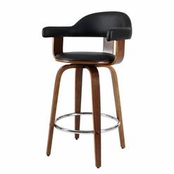 Picture of Set of 2 Bar Stools PU Leather Wooden Swivel - Wood, Chrome and Black