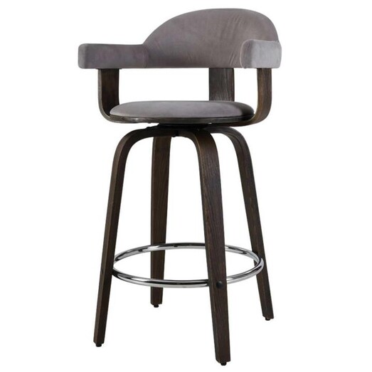Picture of Set of 2 Bar Stools Wooden Swivel Bar Stool Kitchen Dining Chair - Wood, Chrome and Grey