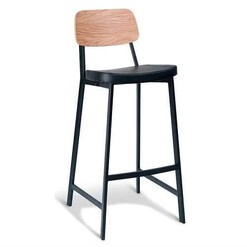 Picture of Set of 2 - Espriit Enfys Industrial Bar Stool 75cm - Black Frame - Natural Oak Back - Black Cushion Seat