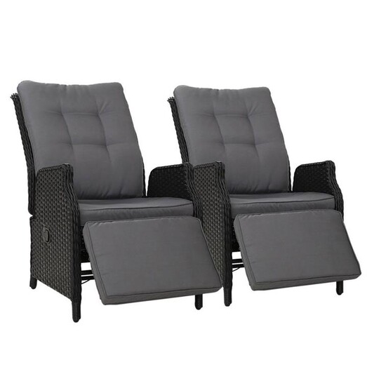 Picture of Set of 2 Recliner Chairs Sun lounge Outdoor Furniture Setting Patio Wicker Sofa Black