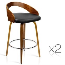 Picture of Set of 2 Walnut Wood Bar Stools - Black and Brown