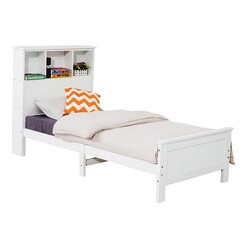 Picture of Solid Pine King Single Timber Bed Frame with Bookshelf Headboard Wood White Dreamo Living