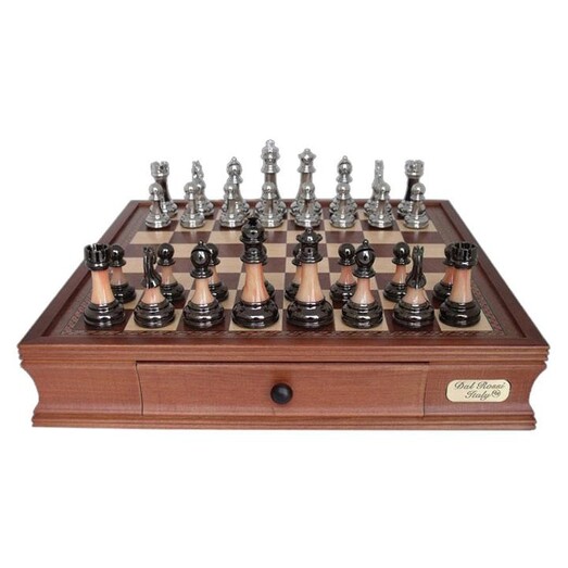 Picture of Staunton Metal/Marble Finish Chess Set with Drawers, Brown, 16in Wood Dal Rossi