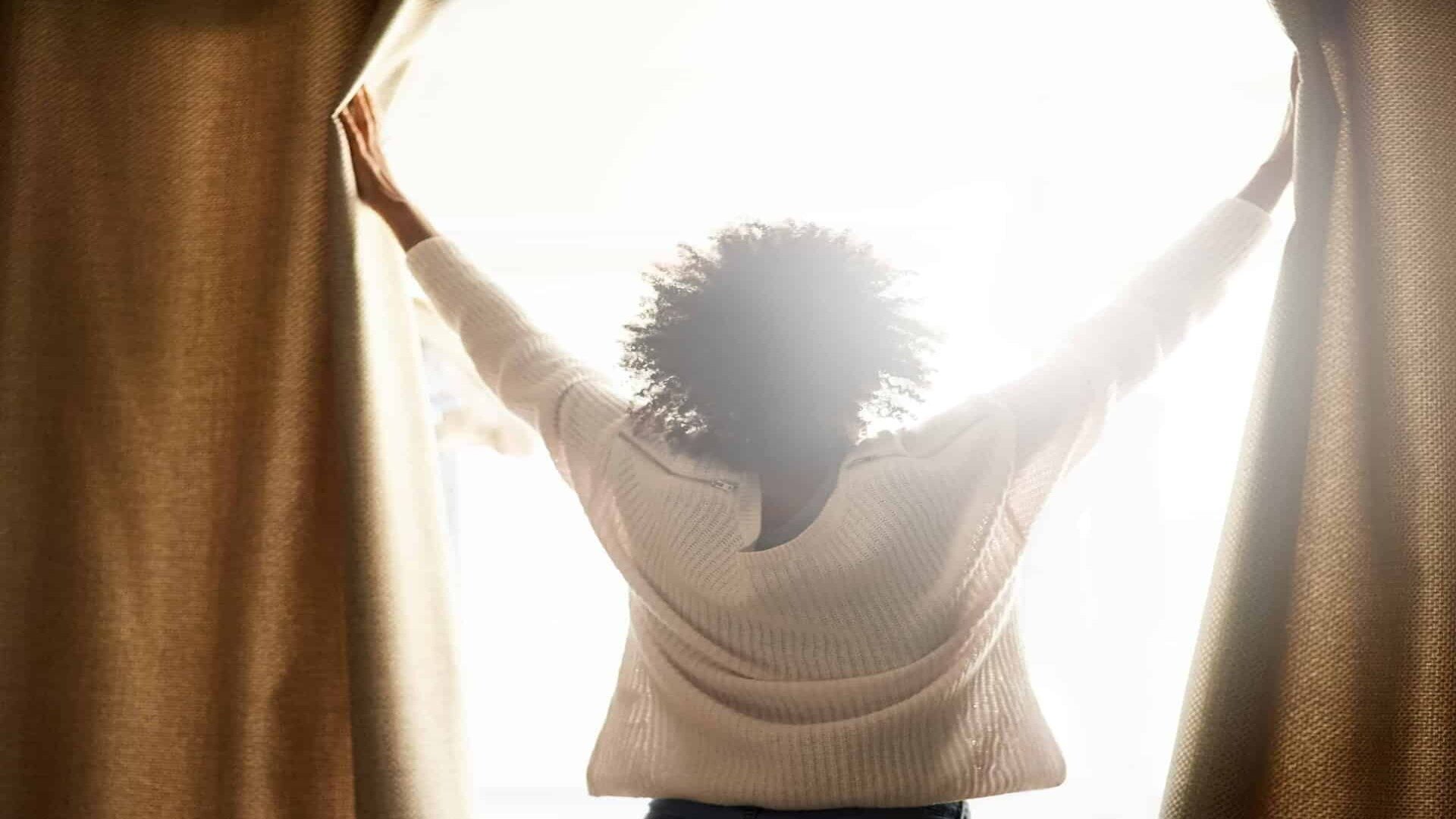Woman Open Windows Expose Sunlight