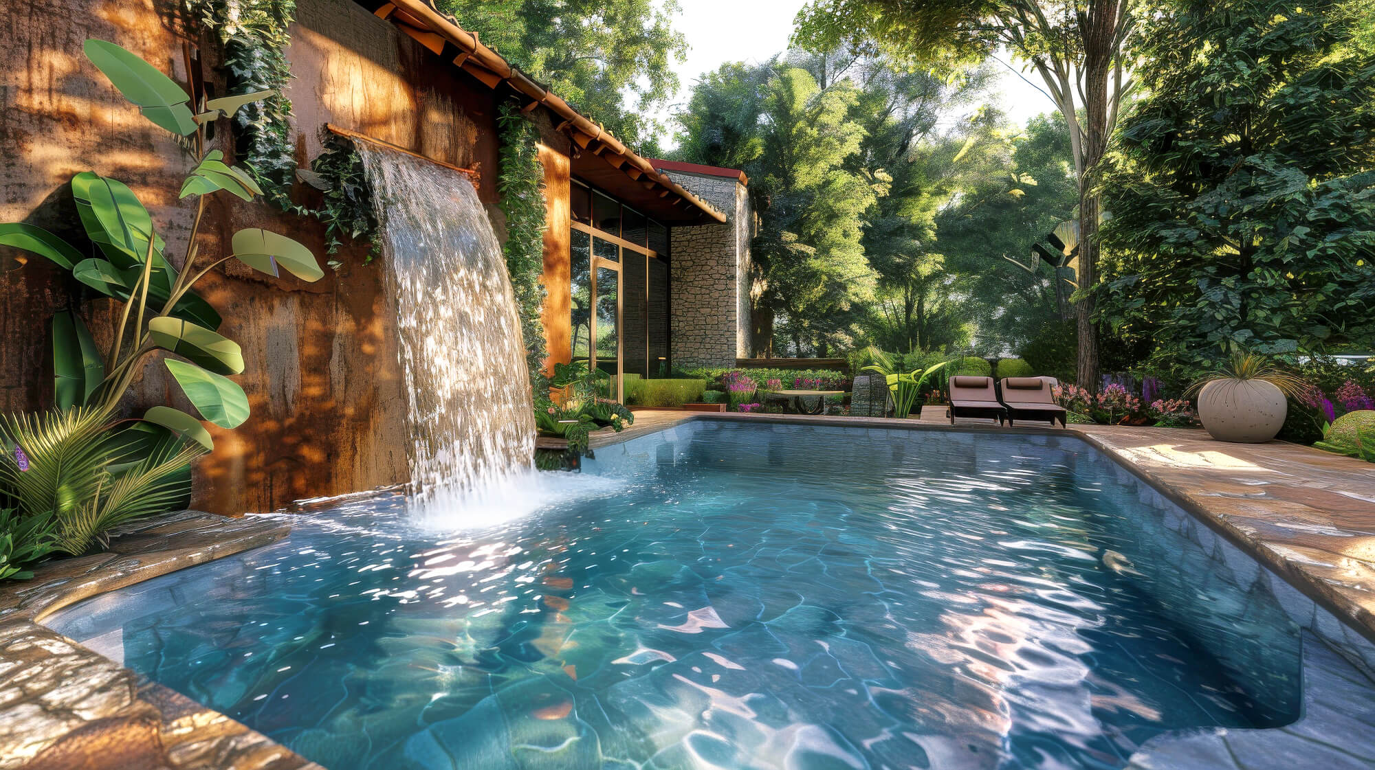 2024 08 Luxury Custom Rustic Waterfall Into Pool Luxury Custom Rustic Waterfall Pool