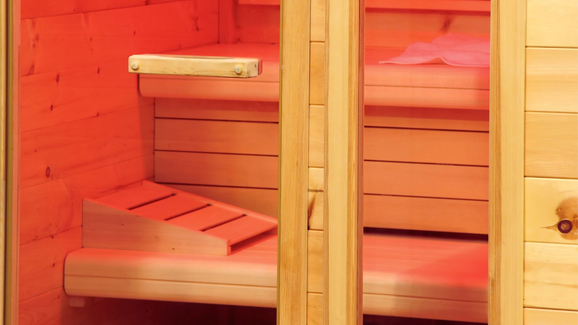 Infrared Sauna Room With Red Light And Wooden Seating Infrared Sauna Room Red Light Wooden Seating