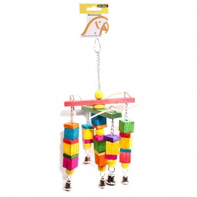 Bird Toy Leather Rope Coloured Wood Cube W.bell 40x18cm