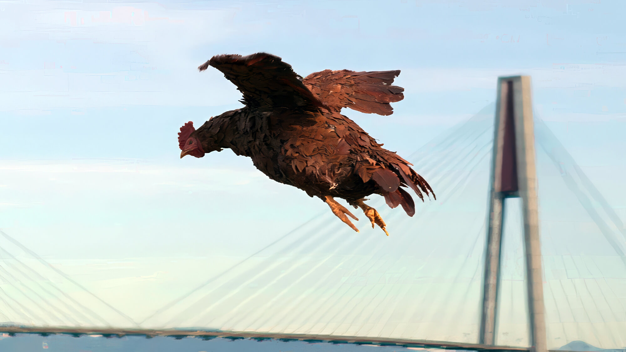 Brown Chicken Flying Over Bridge Brown Chicken Flying Over Bridge
