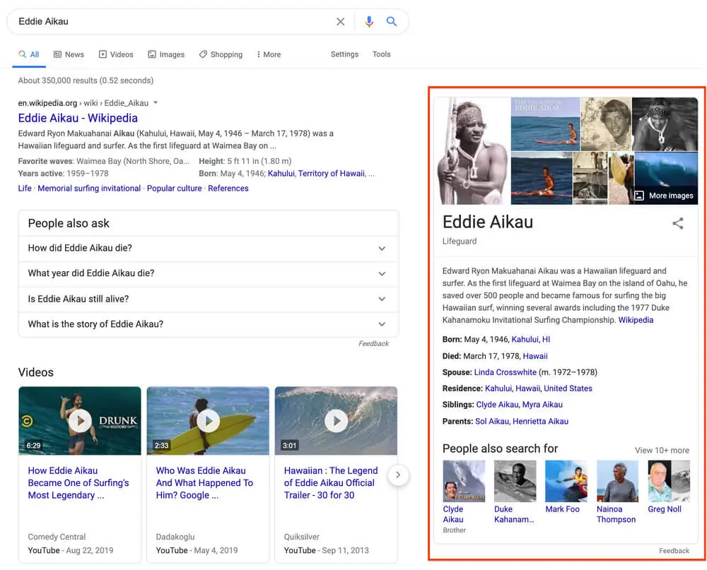  A screenshot of a Google search results page with the Knowledge Panel expanded for Eddie Aikau.