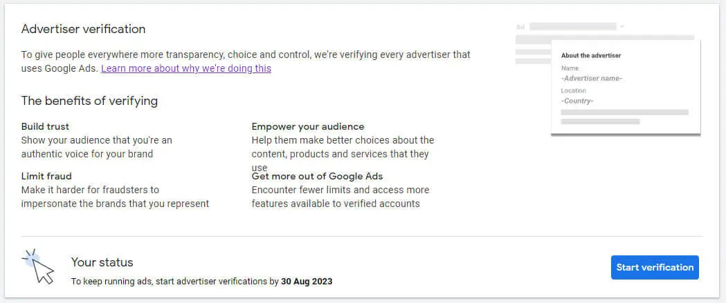 Advertiser Verification Notification