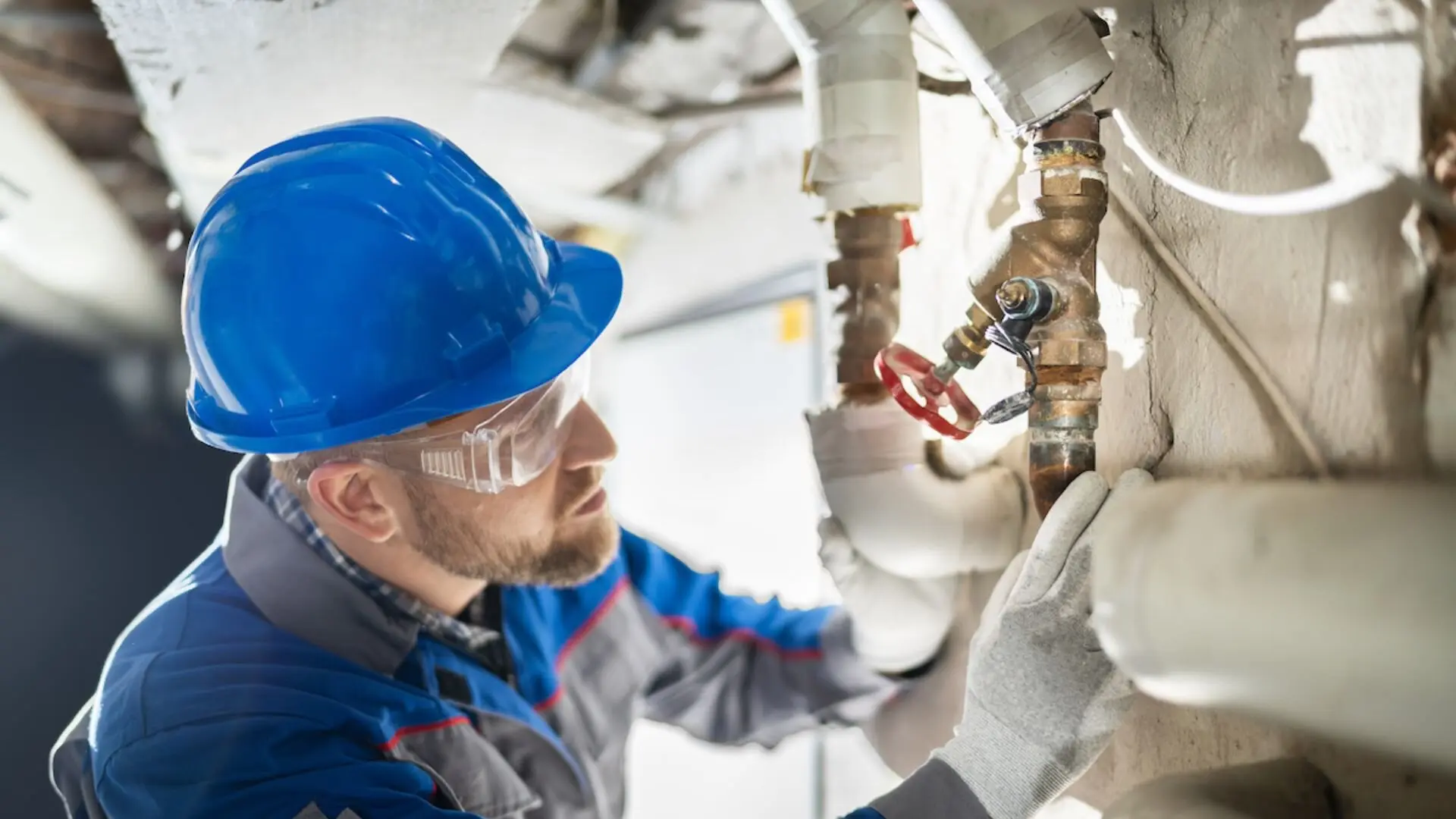 Plumber Checking Commercial Plumbing System Plumber Checking Commercial Plumbing System