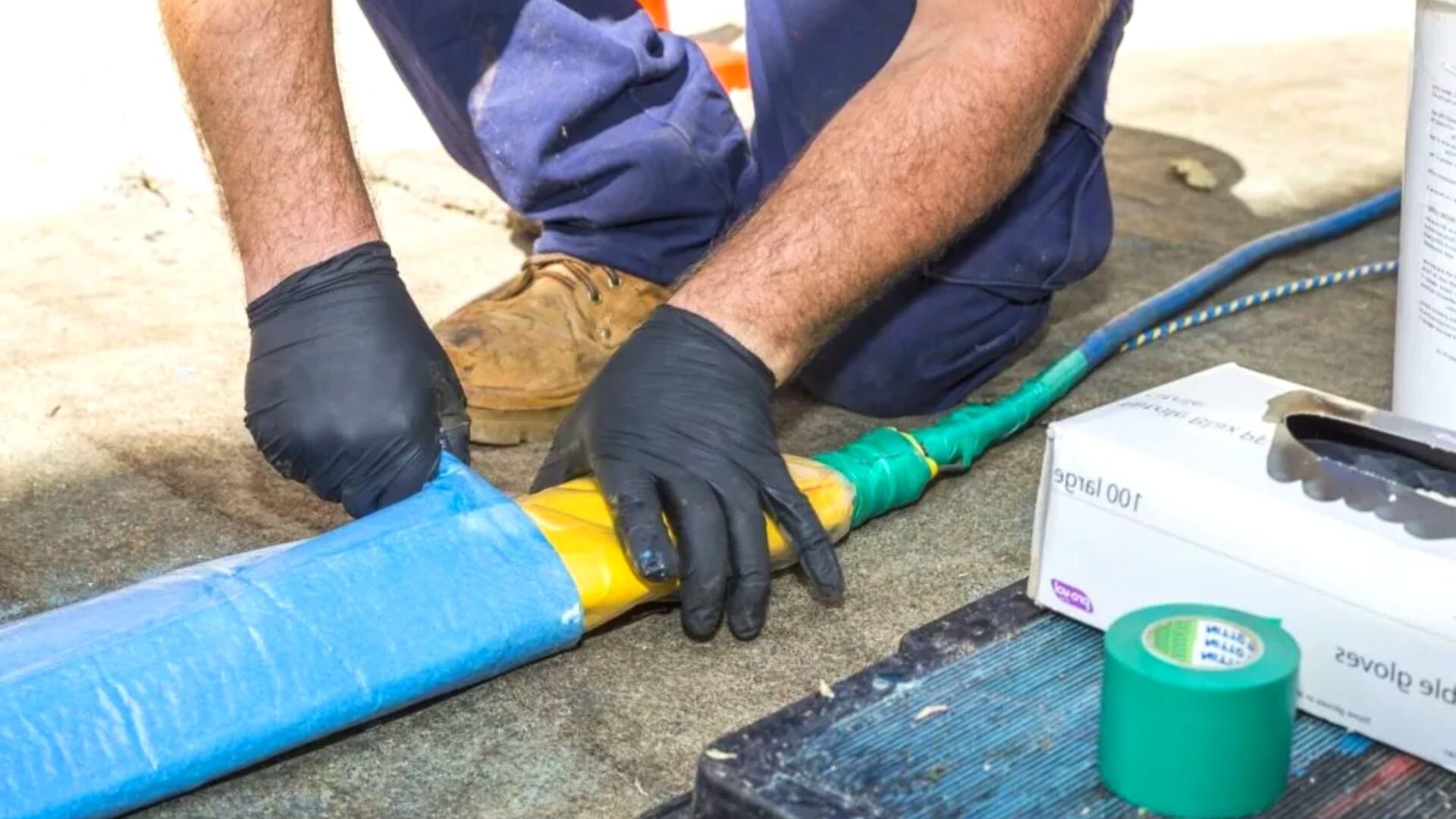 Plumber Preparing Bladder For Pipe Relining Plumber Preparing Bladder Pipe Relining